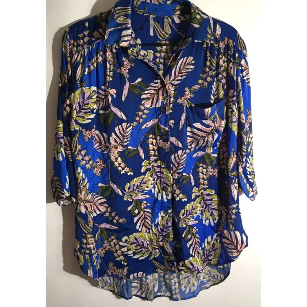 Free People Under The Palms Women's Size XS Blue Palms Floral Button Up Blouse